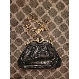 Vintage Finesse La Model Snakeskin Leather Black Purse with Gold Shoulder Strap